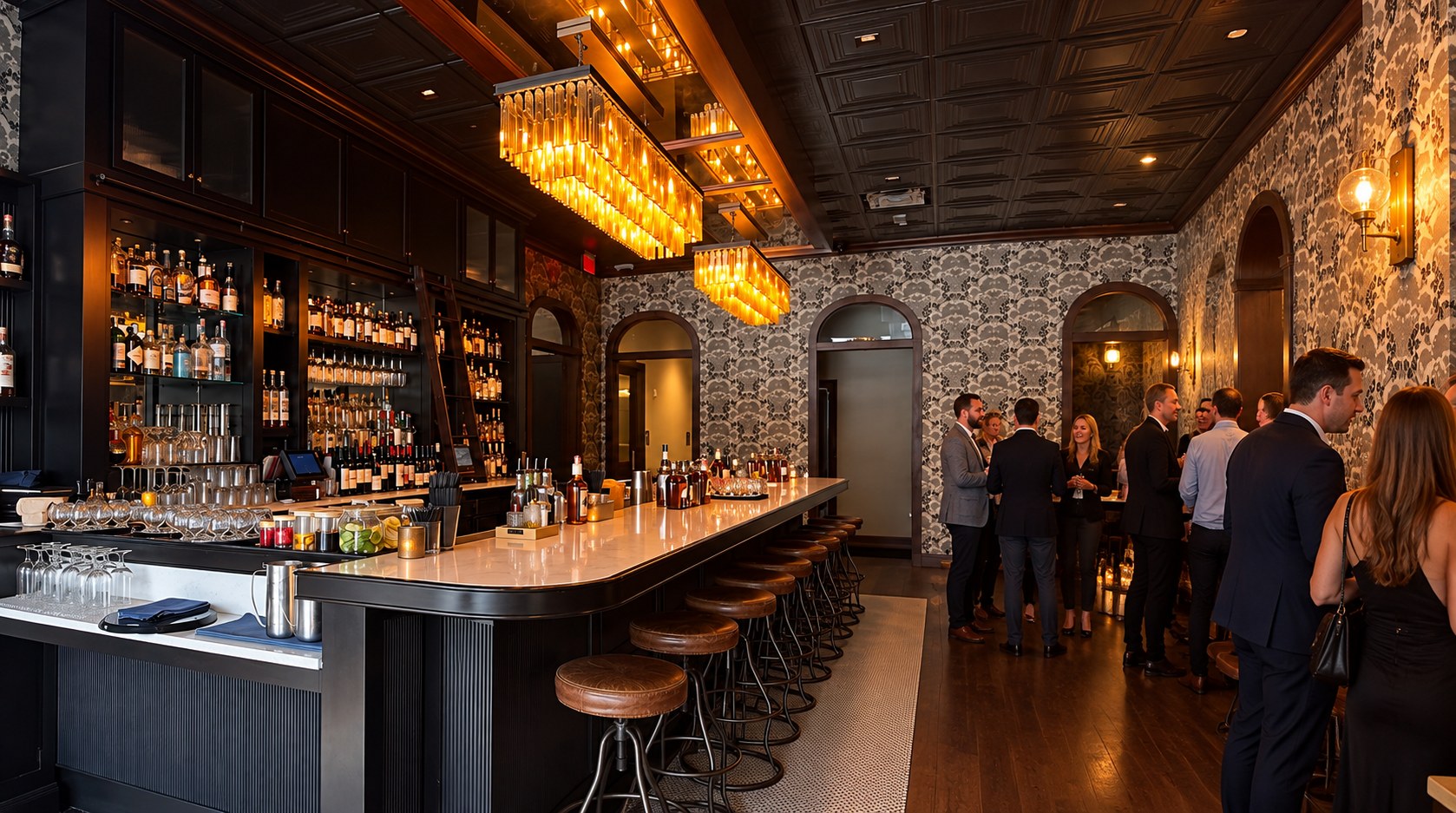 Guests mingling in a vintage cocktail lounge, its curved marble bar glowing under amber chandeliers
